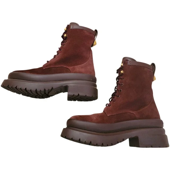 Valentino Garavani Rockstud Burgundy Suede Platform Combat Boots IT 39 / US 9 - Picture 6 of 14